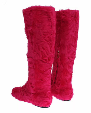 Rosa Lammfell Leder Flache Stiefel Schuhe