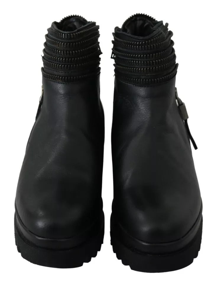 Ovyé Black Leather Zipper Ankle Boots Shoes