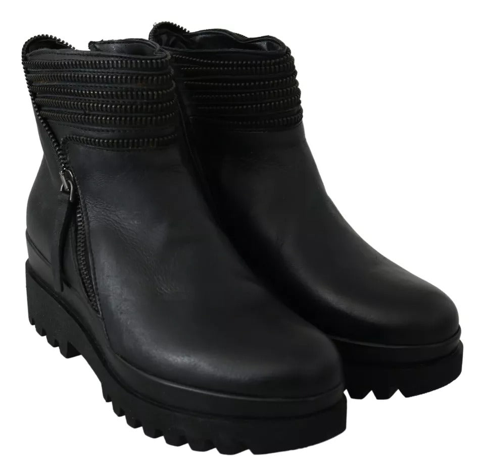 Ovyé Black Leather Zipper Ankle Boots Shoes