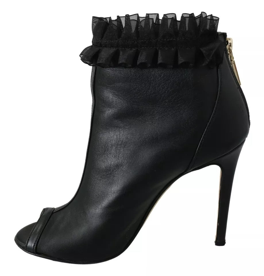 Schwarze Leder Mesh Stiletto High Heels Peep Toe Stiefel Schuhe