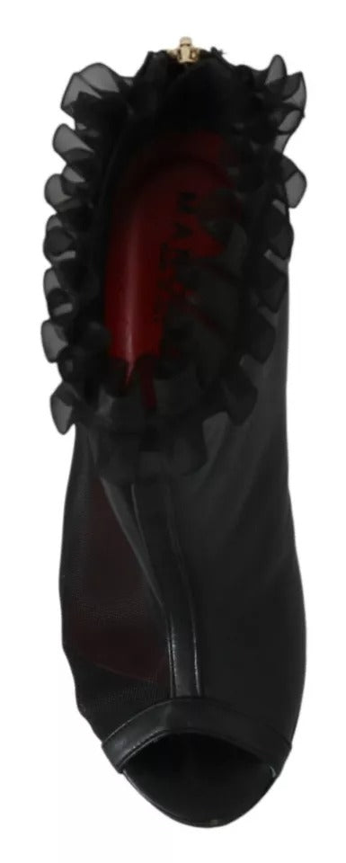 Schwarze Leder Mesh Stiletto High Heels Peep Toe Stiefel Schuhe