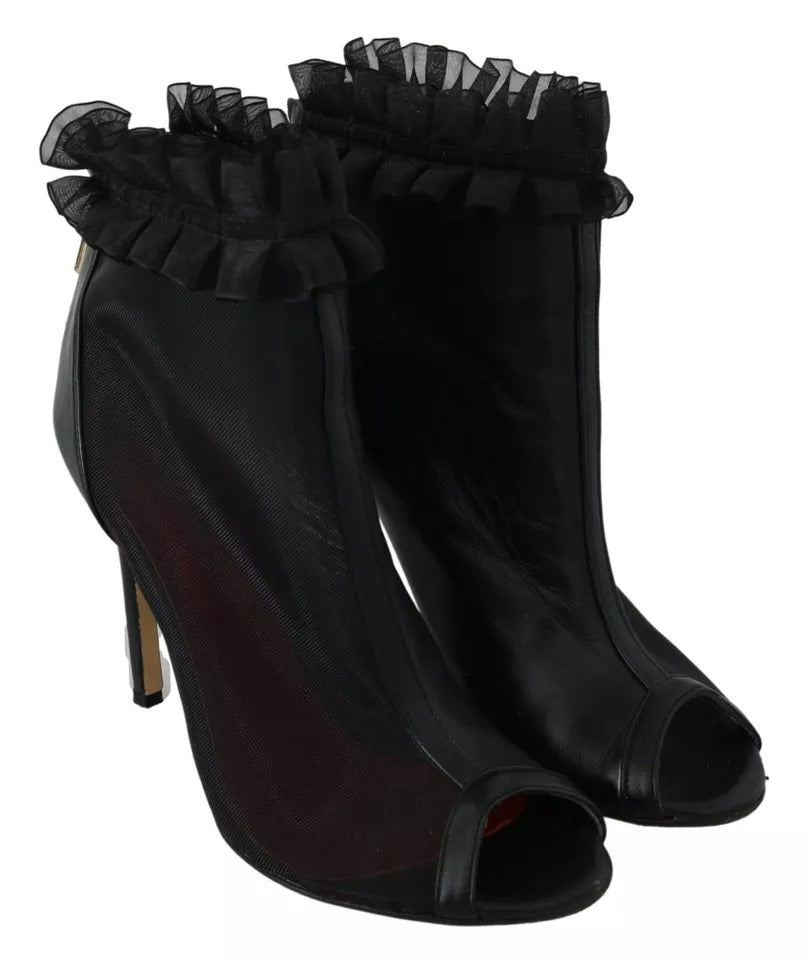 Schwarze Leder Mesh Stiletto High Heels Peep Toe Stiefel Schuhe