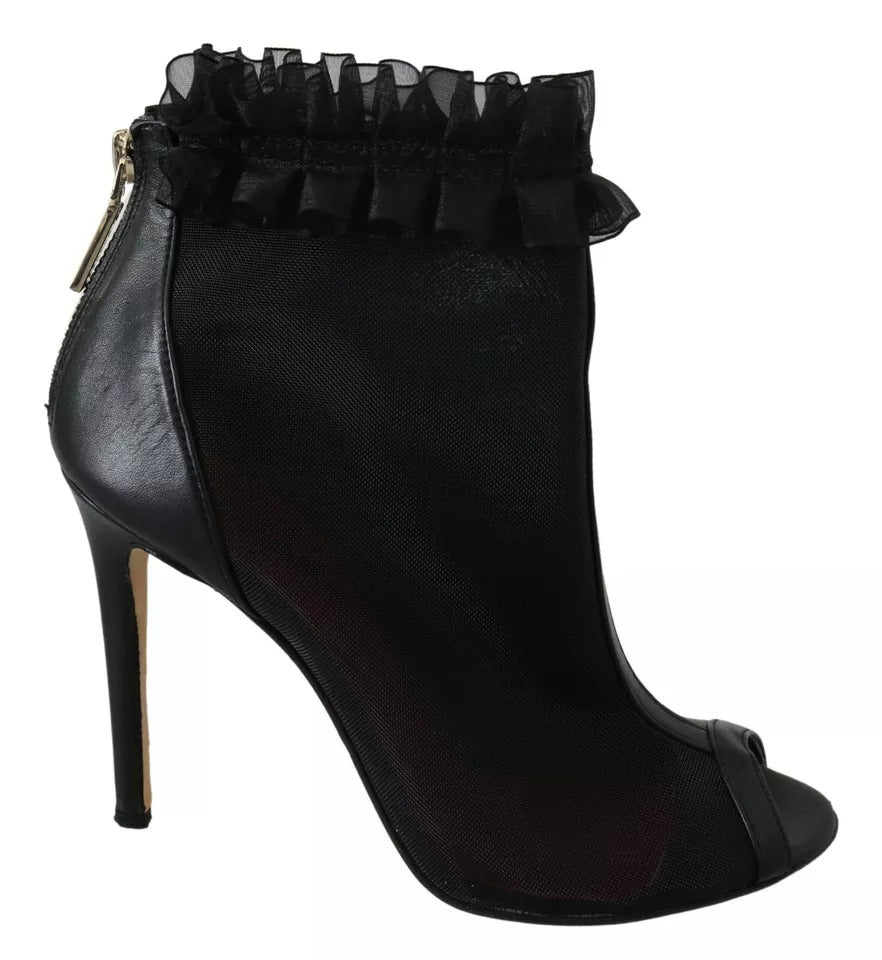 Schwarze Leder Mesh Stiletto High Heels Peep Toe Stiefel Schuhe