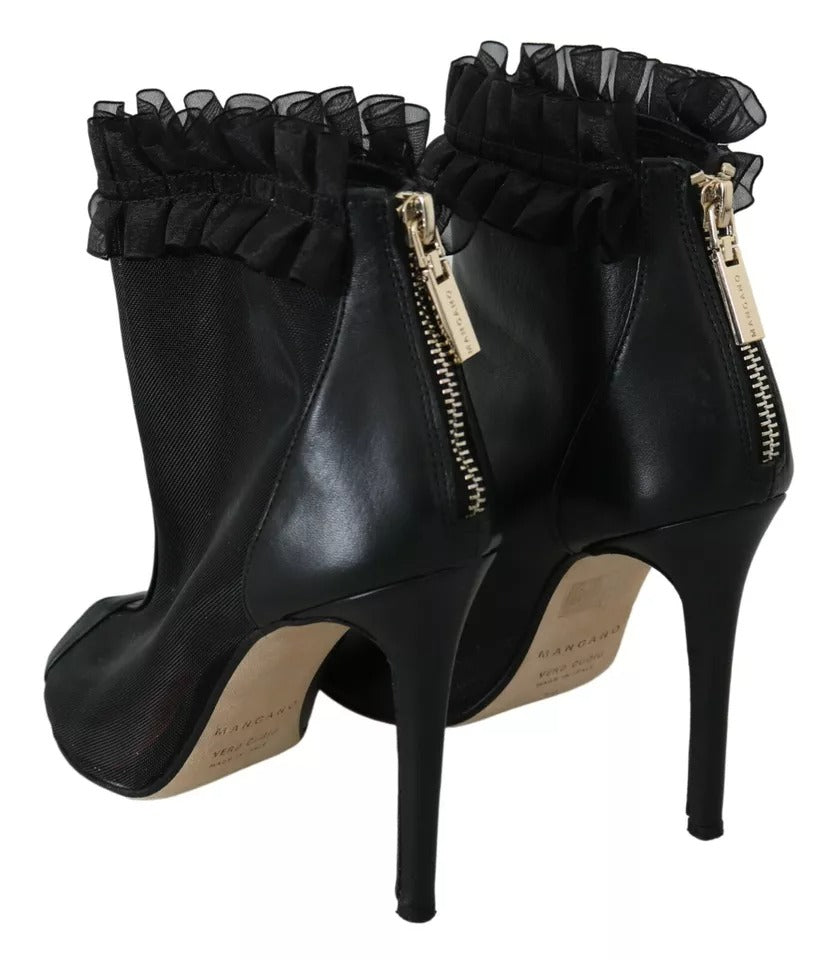 Schwarze Leder Mesh Stiletto High Heels Peep Toe Stiefel Schuhe