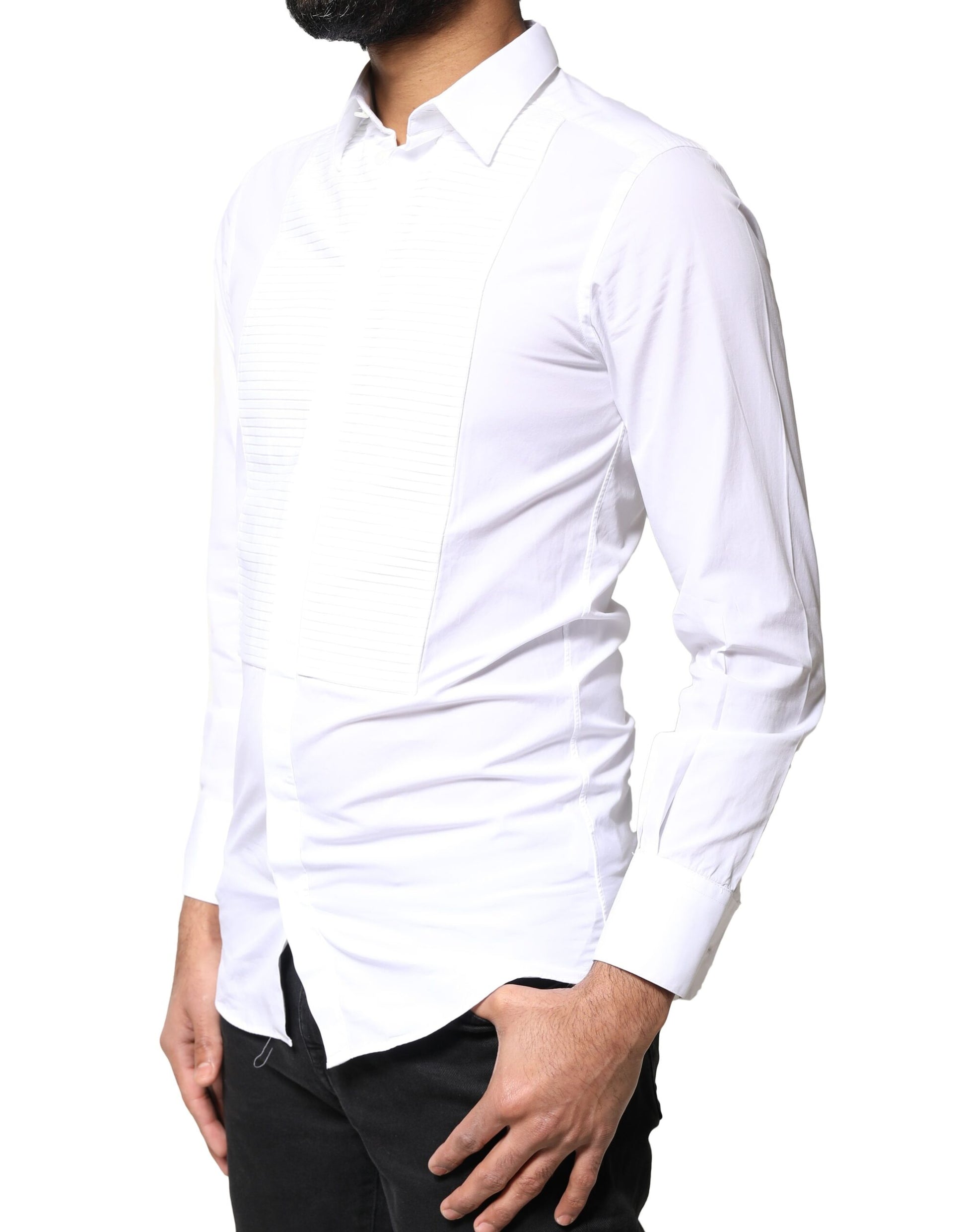 Dolce & Gabbana White GOLD Cotton Poplin Bib Men Dress Shirt