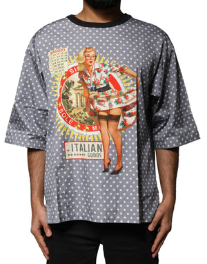 Graues T-Shirt mit Rundhalsausschnitt und Pin-Up-Print mit Polka Dots