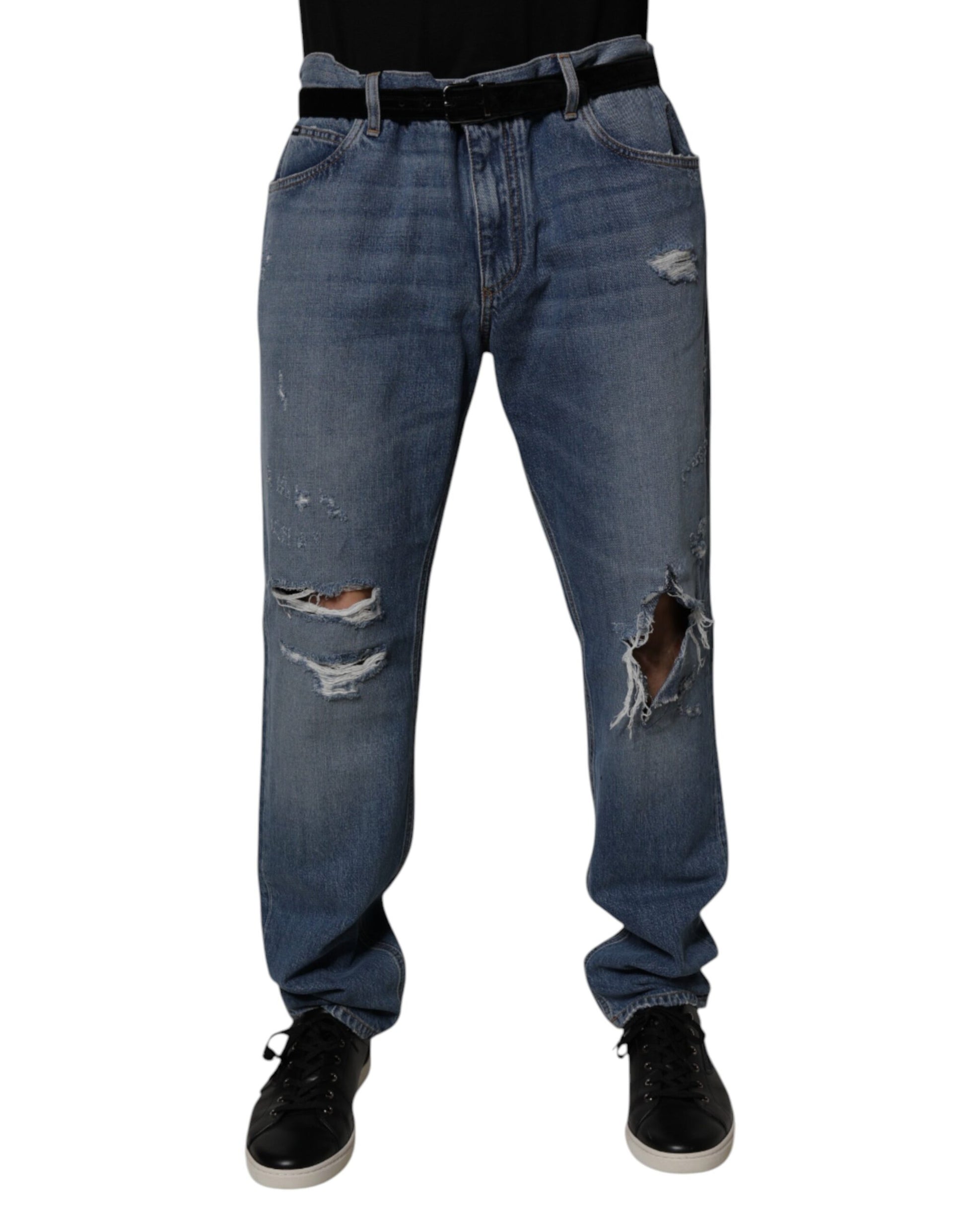 Blaue, zerfetzte Straight-Denim-Jeans aus Baumwolle