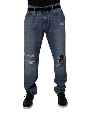 Blaue, zerfetzte Straight-Denim-Jeans aus Baumwolle