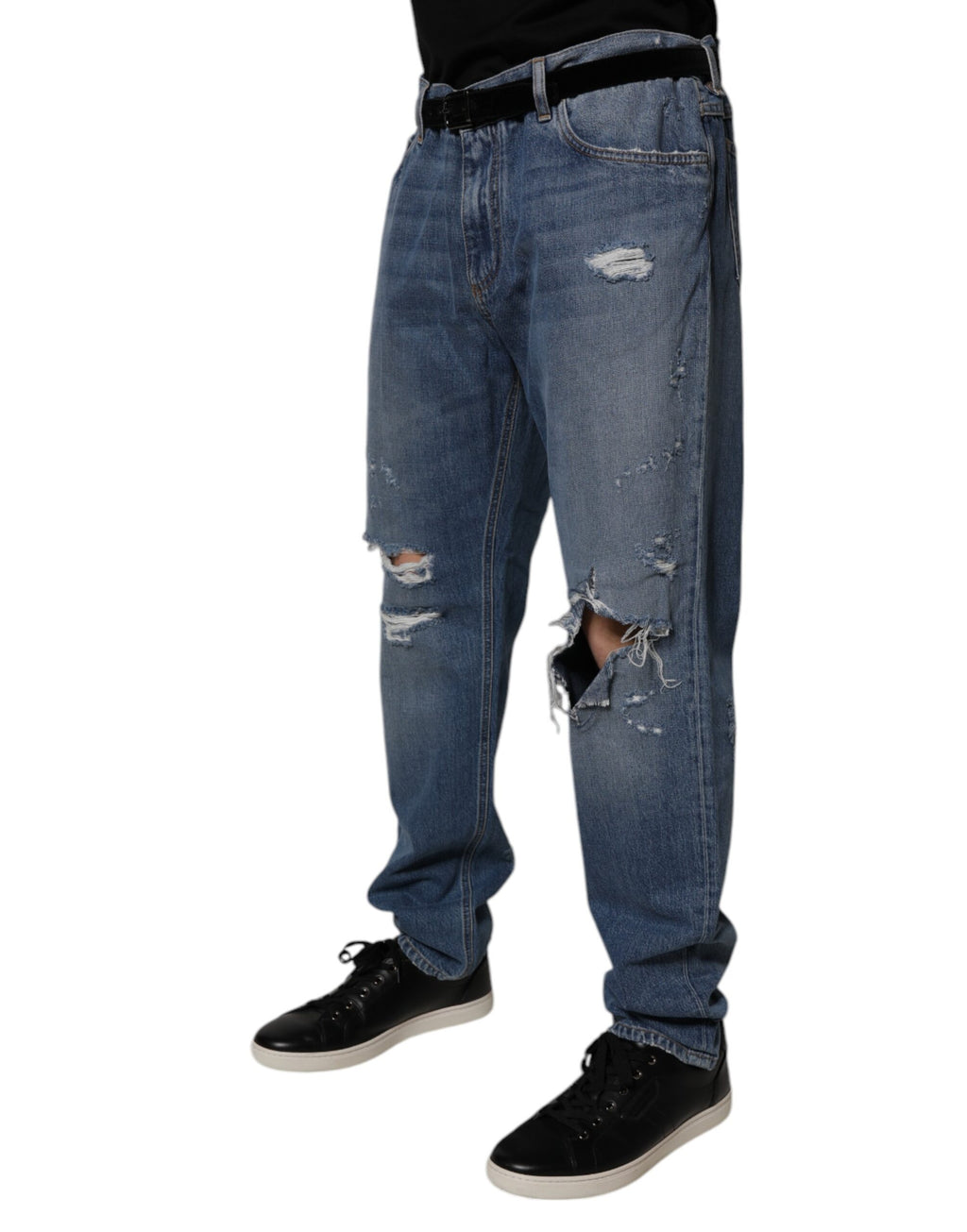 Blaue, zerfetzte Straight-Denim-Jeans aus Baumwolle