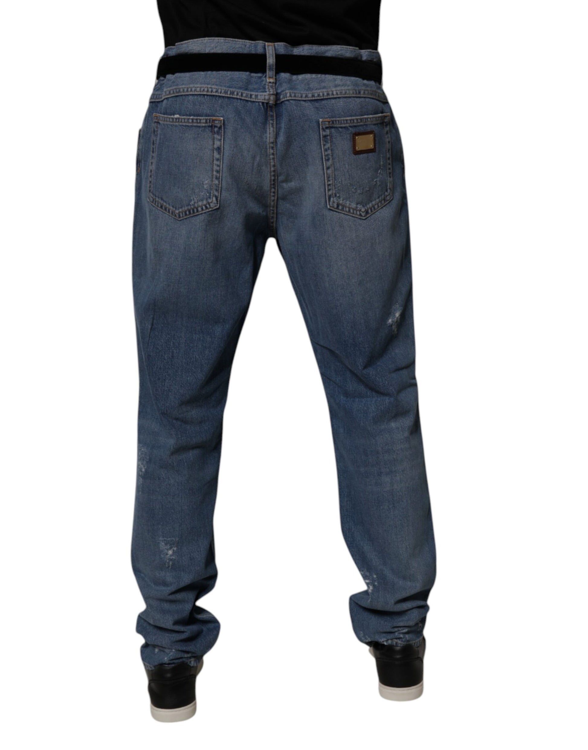 Blaue, zerfetzte Straight-Denim-Jeans aus Baumwolle
