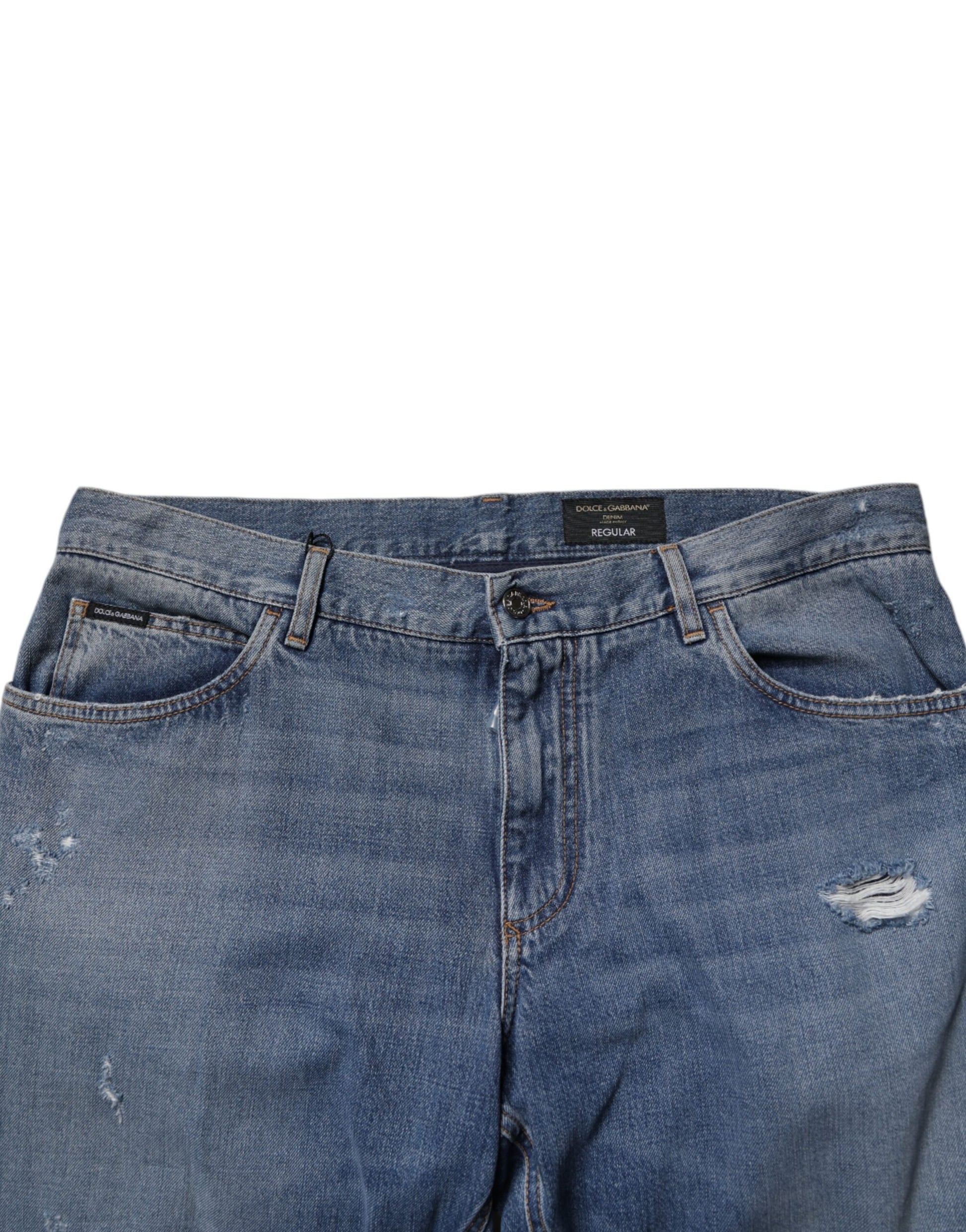 Blaue, zerfetzte Straight-Denim-Jeans aus Baumwolle