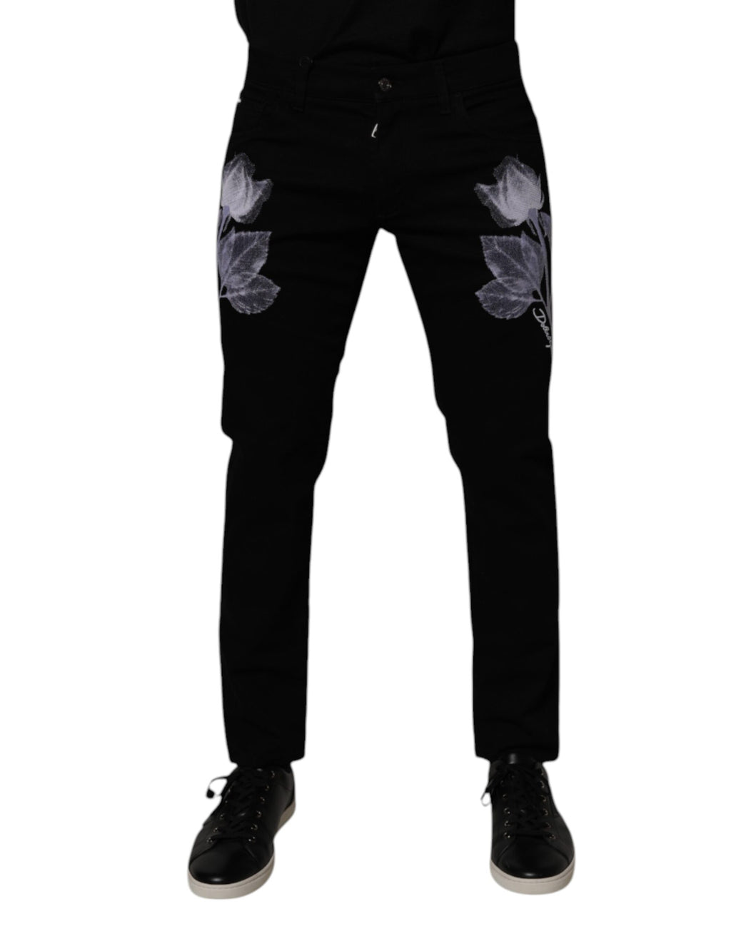 Schwarze Skinny Jeans aus Baumwolle mit Blumenmuster für Herren