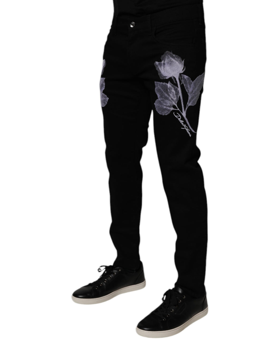 Schwarze Skinny Jeans aus Baumwolle mit Blumenmuster für Herren