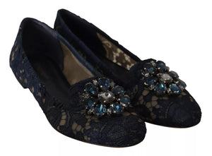 Dolce & Gabbana Blue Crystal Loafer Lace Ballet Flats Shoes