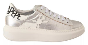 Silver Full Grain Leather Lace Up Sneakers Shoes