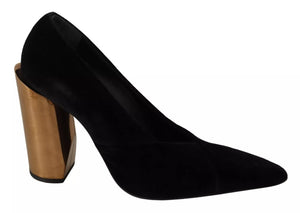 Black Leather Suede Block Heels Pumps Shoes