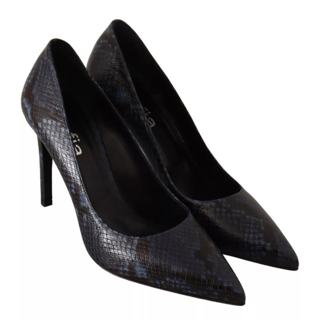 Black Snake Skin Leather Stiletto High Heels Pumps Shoes