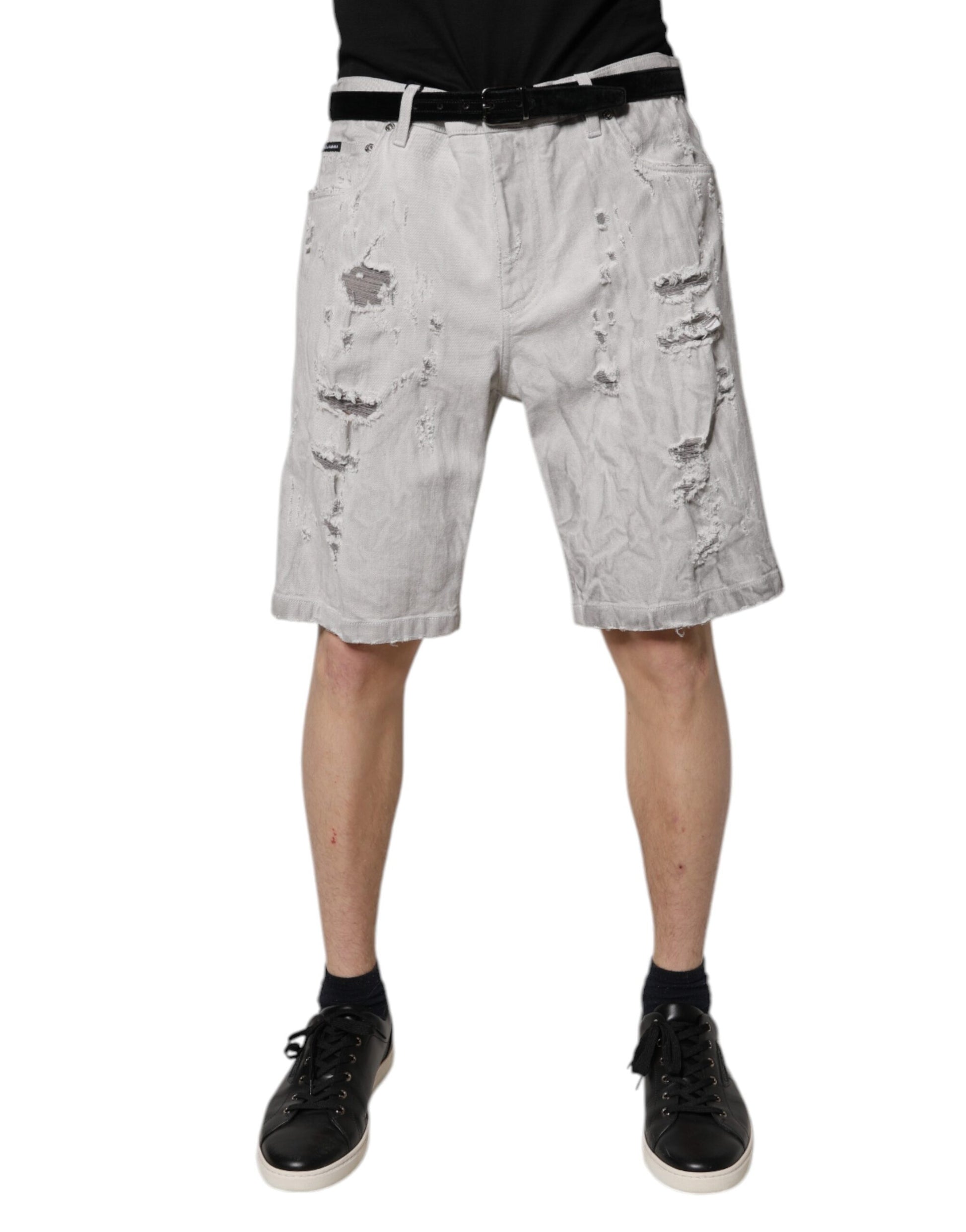 Dolce & Gabbana Light Gray Tattered Men Denim Bermuda Shorts