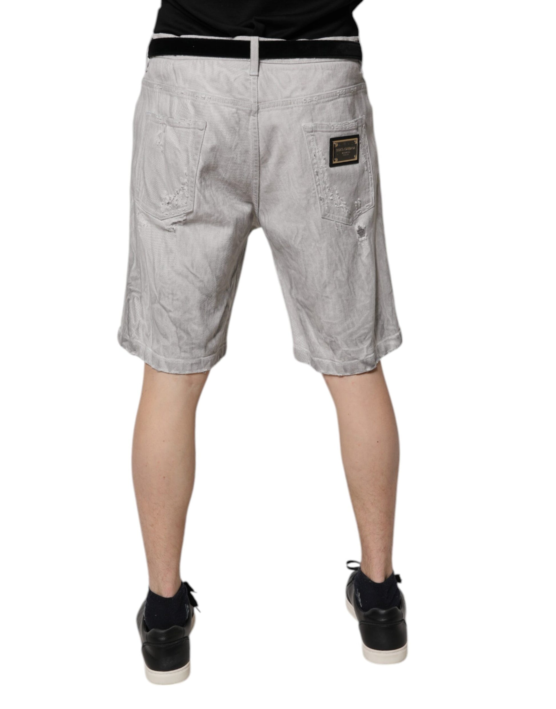 Dolce & Gabbana Light Gray Tattered Men Denim Bermuda Shorts