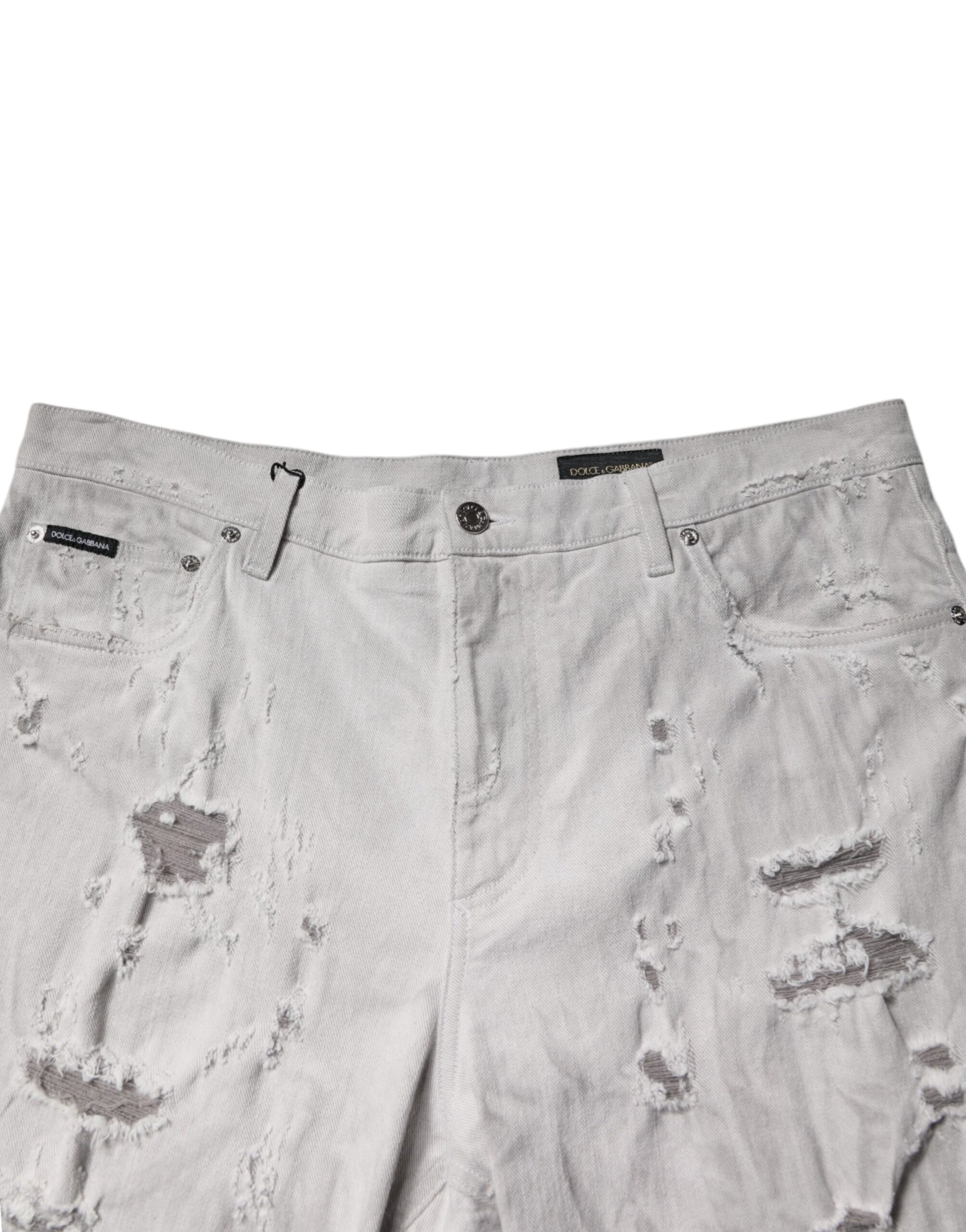 Dolce & Gabbana Light Gray Tattered Men Denim Bermuda Shorts