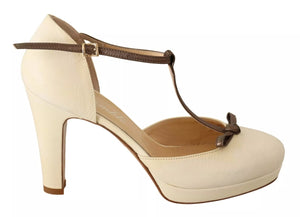 Beige T-Riemen Blockabsatz Pumps Lederschuhe