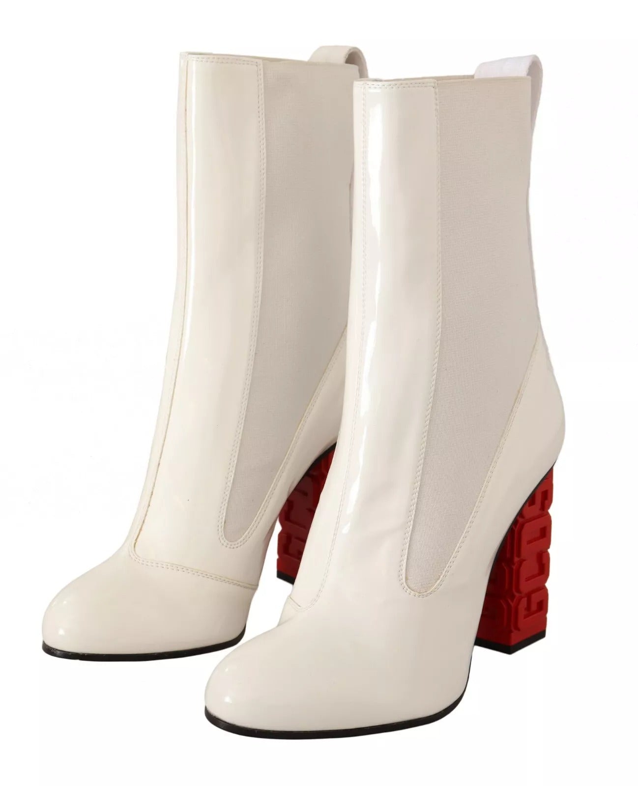 GCDS White Leather Fabric Red Logo Heel Ankle Boots Shoes