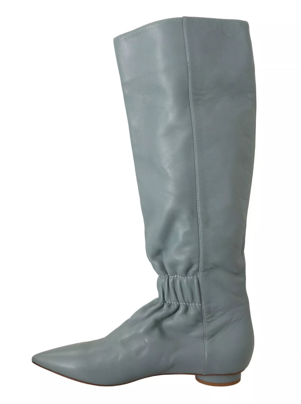 Blaue Leder elastische Flats Pull On Kniehohe Stiefel Schuhe