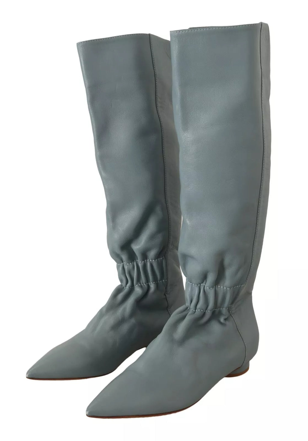 Blaue Leder elastische Flats Pull On Kniehohe Stiefel Schuhe