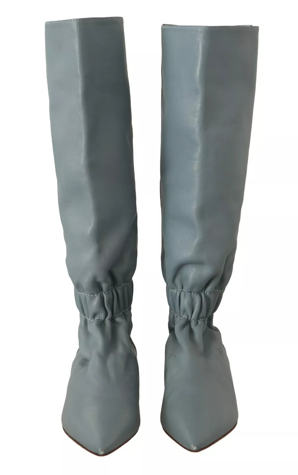 Blaue Leder elastische Flats Pull On Kniehohe Stiefel Schuhe