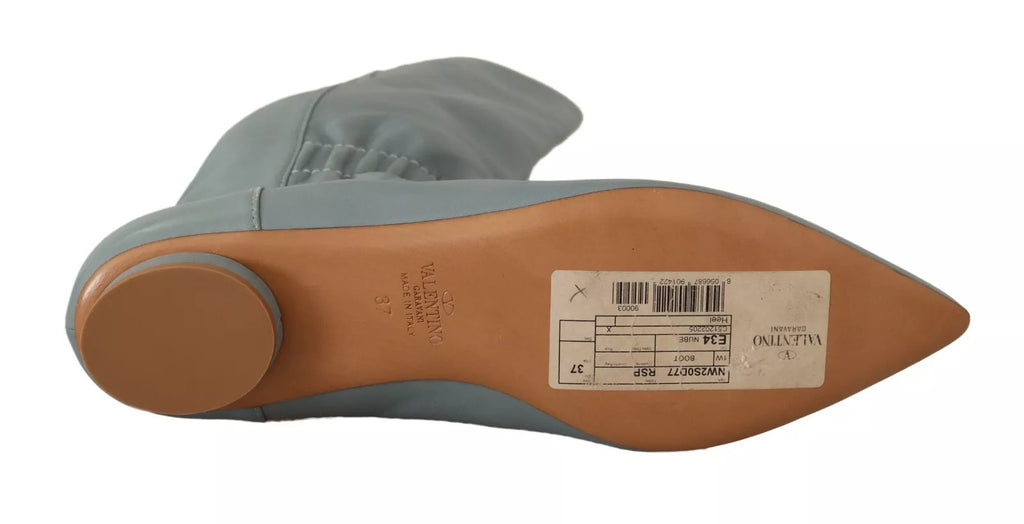 Blaue Leder elastische Flats Pull On Kniehohe Stiefel Schuhe