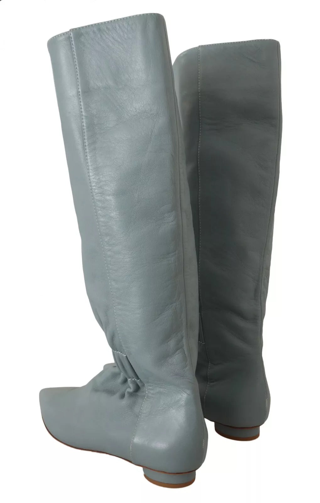Blaue Leder elastische Flats Pull On Kniehohe Stiefel Schuhe