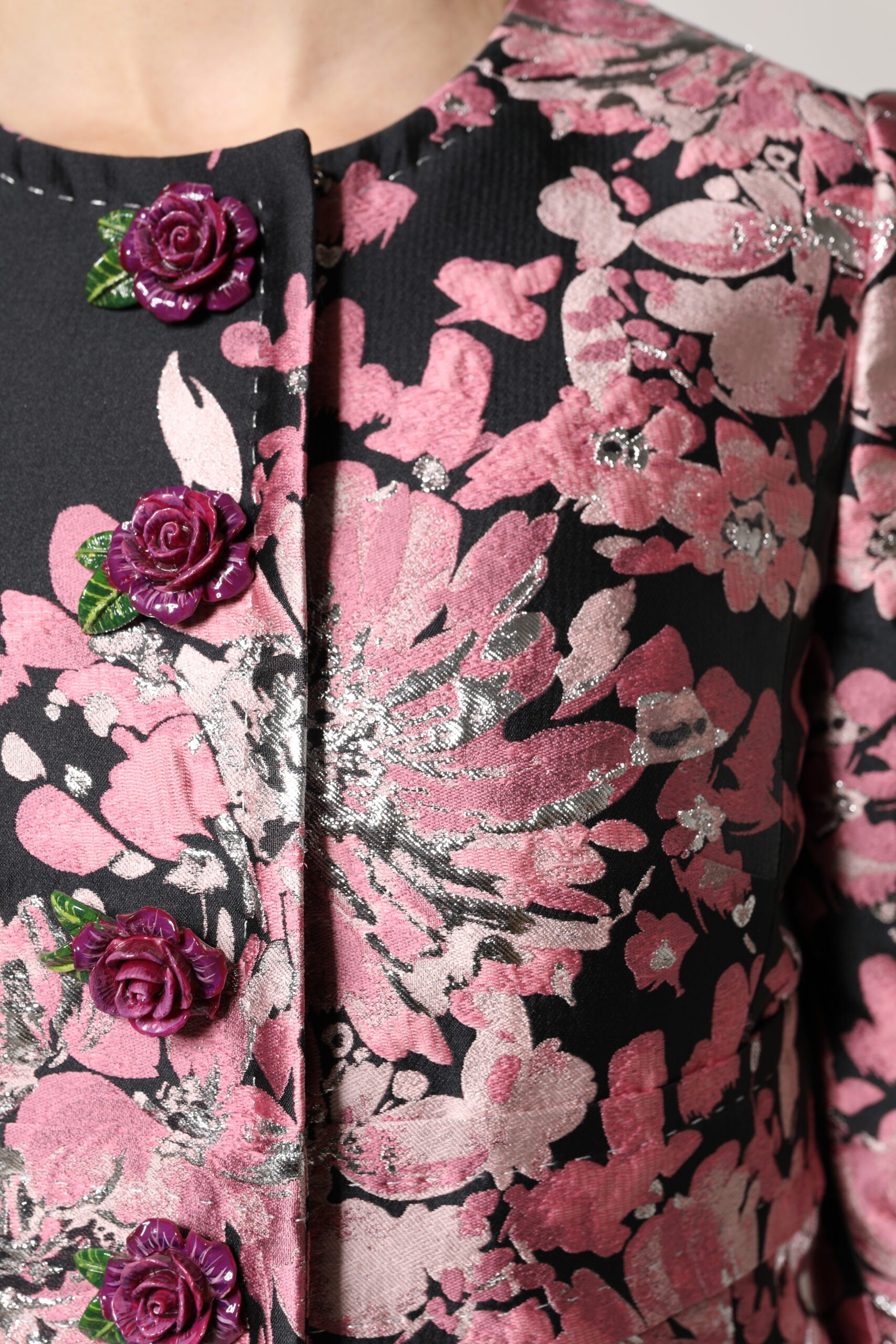 Dolce & Gabbana Pink Black Floral Brocade Trenchcoat Jacket