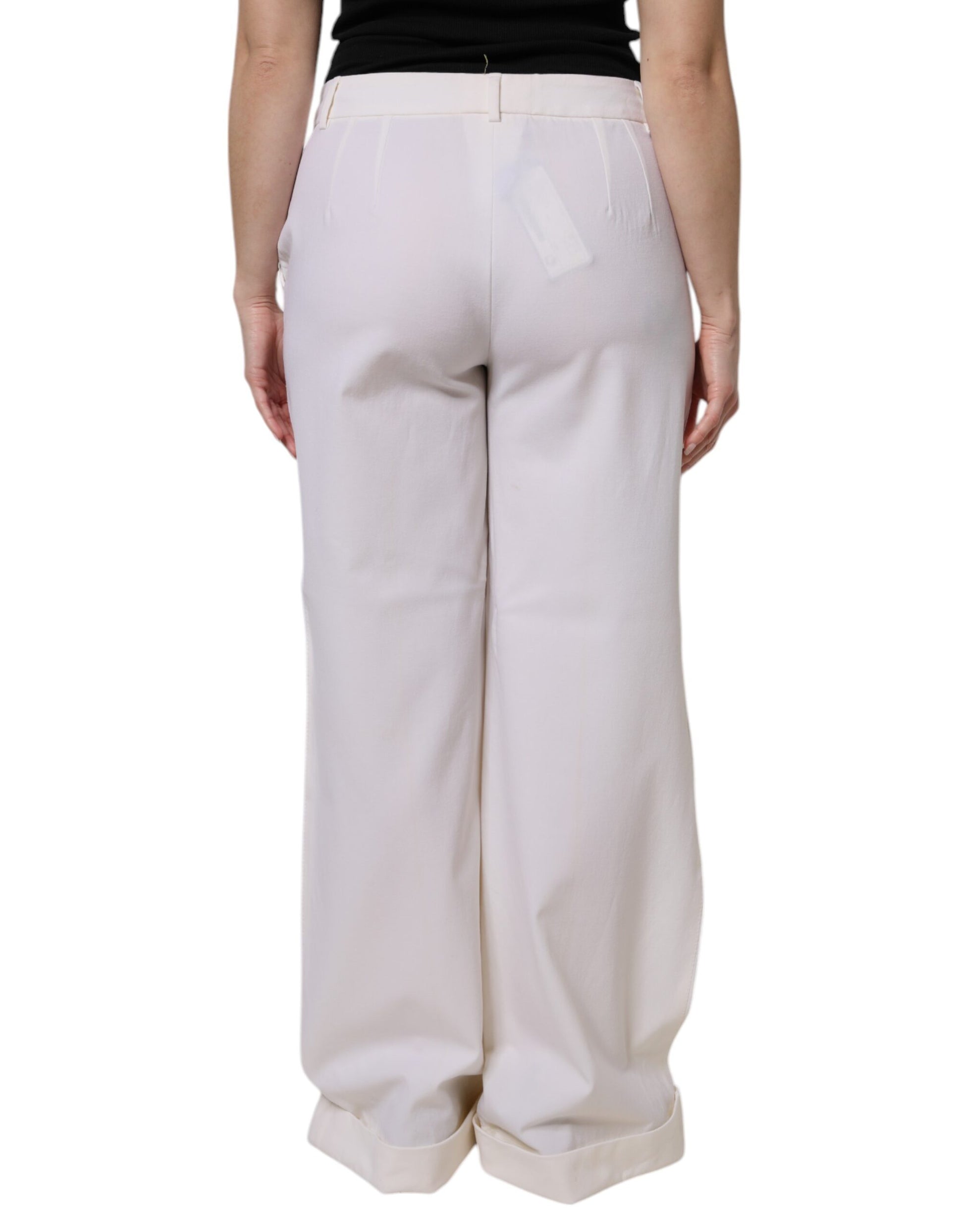 Dolce & Gabbana White Wool Mid Waist Wide Leg Pants
