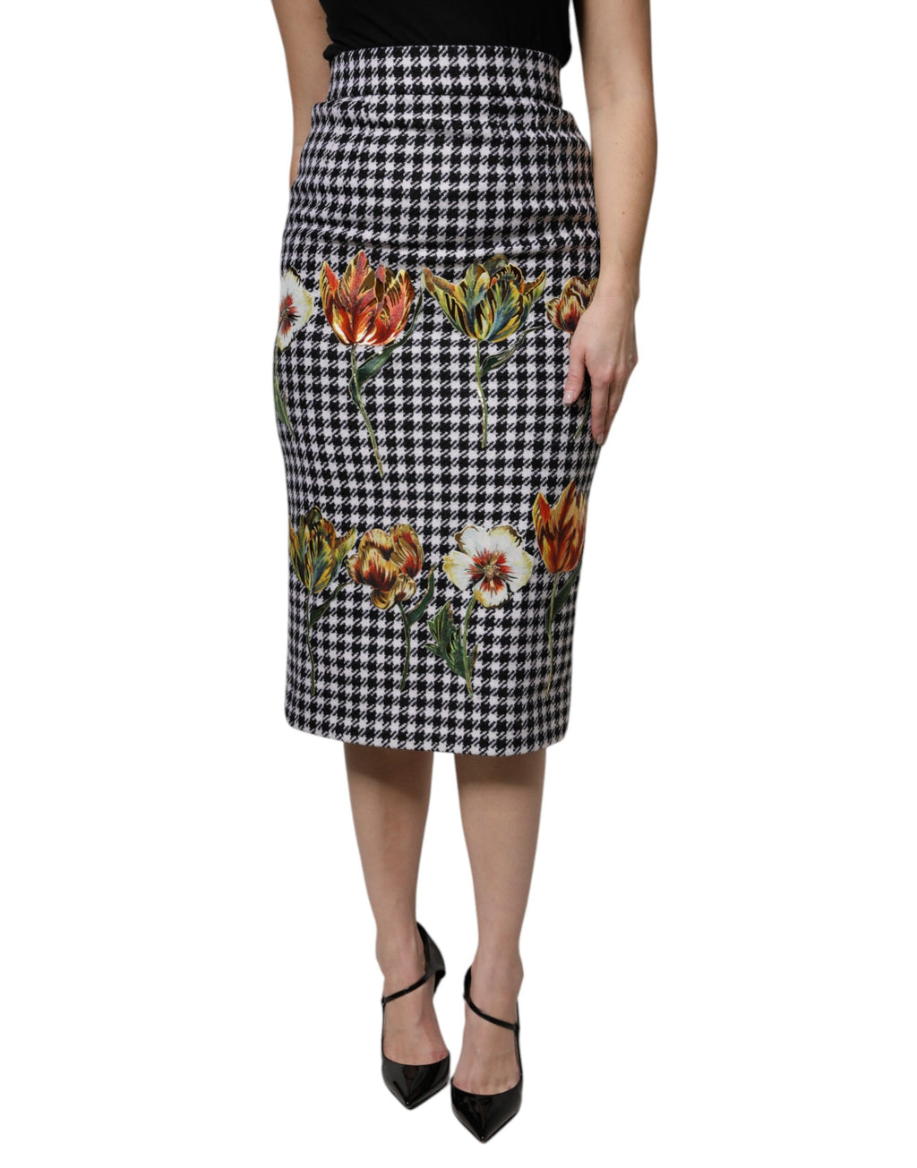Mehrfarbiger Bleistiftrock mit Blumenmuster und hoher Taille