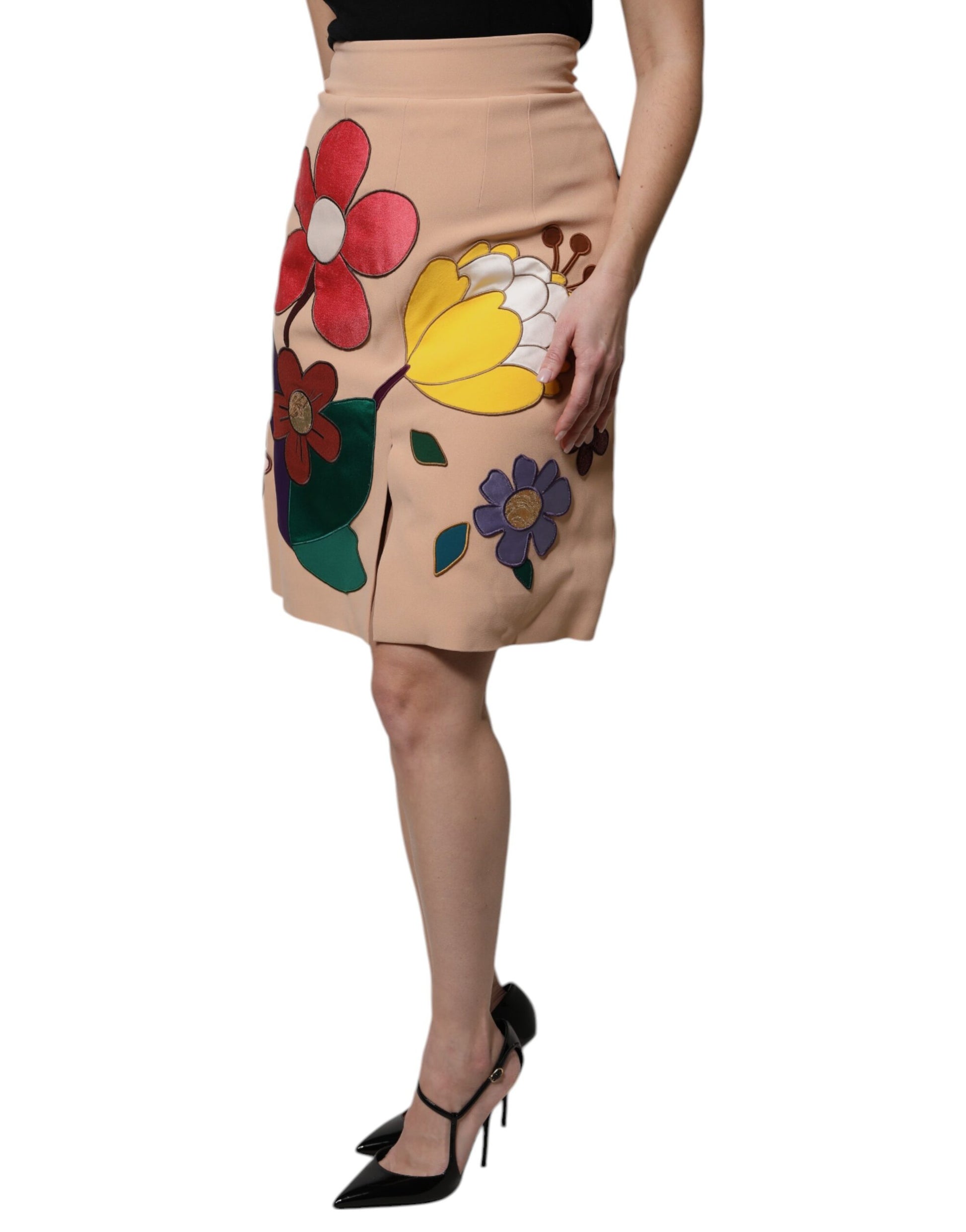 Beigefarbener Bleistiftrock mit Blumenmuster und hoher Taille