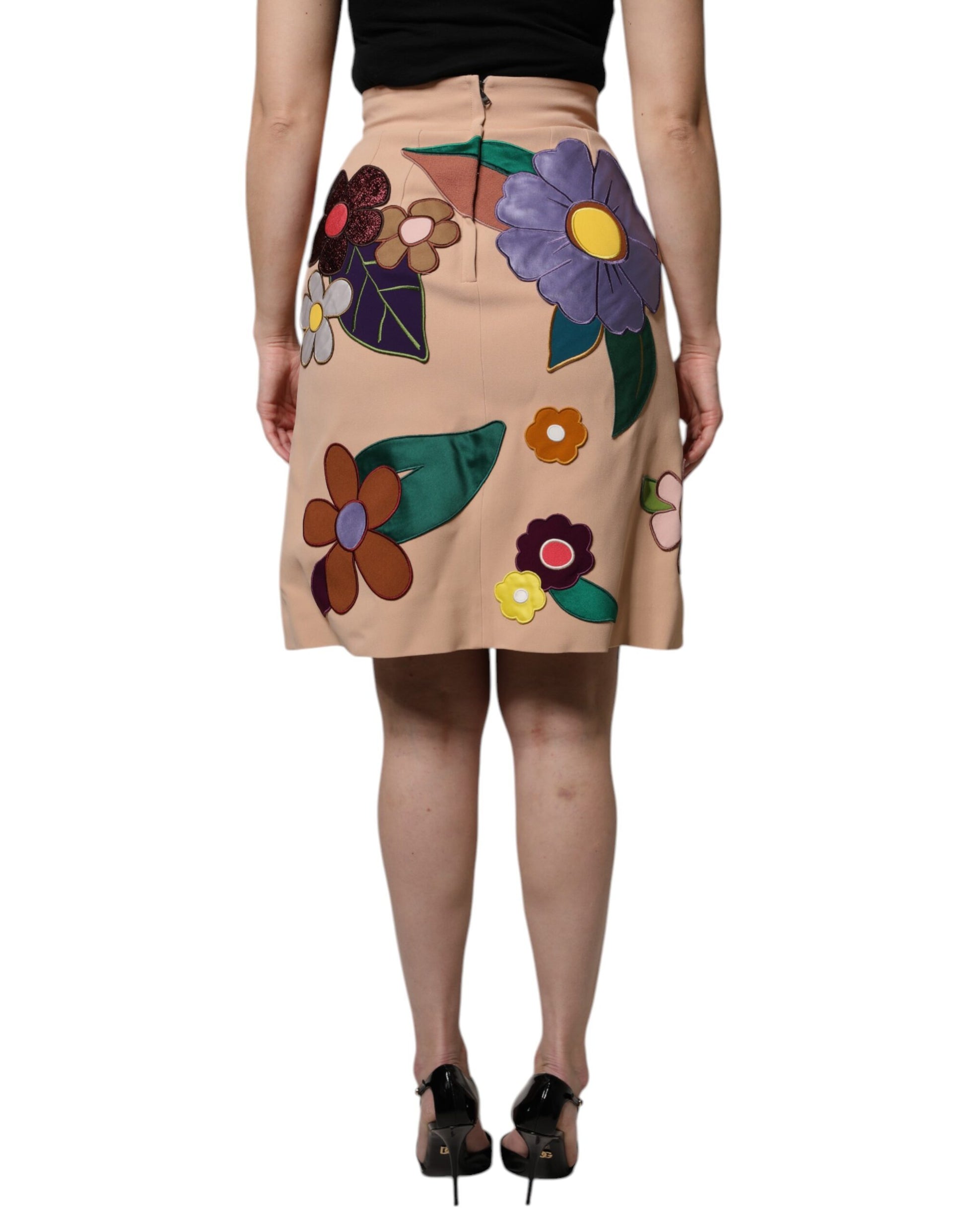 Beigefarbener Bleistiftrock mit Blumenmuster und hoher Taille