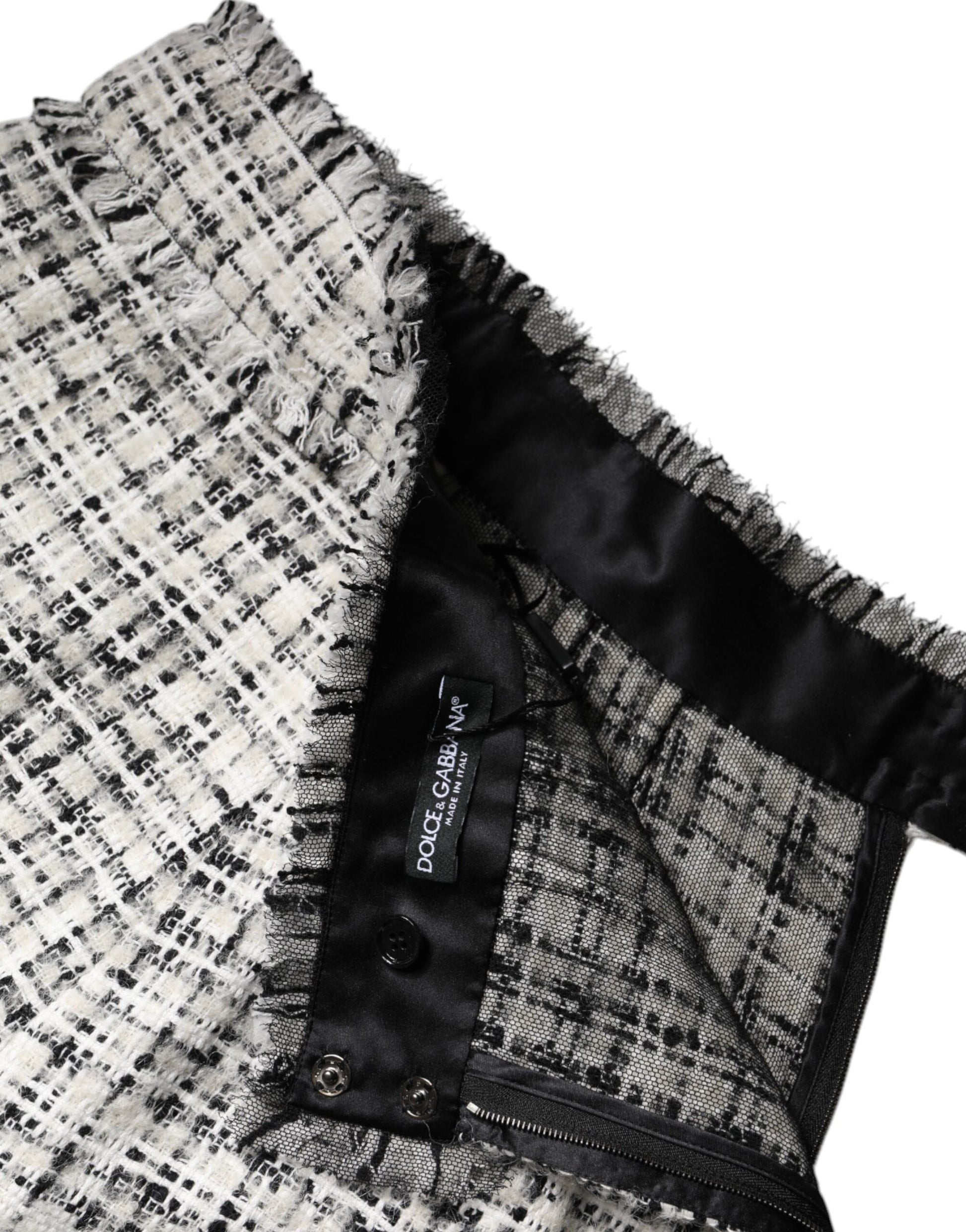 Weiß-schwarzer Minirock aus Tartan-Tweed mit hoher Taille