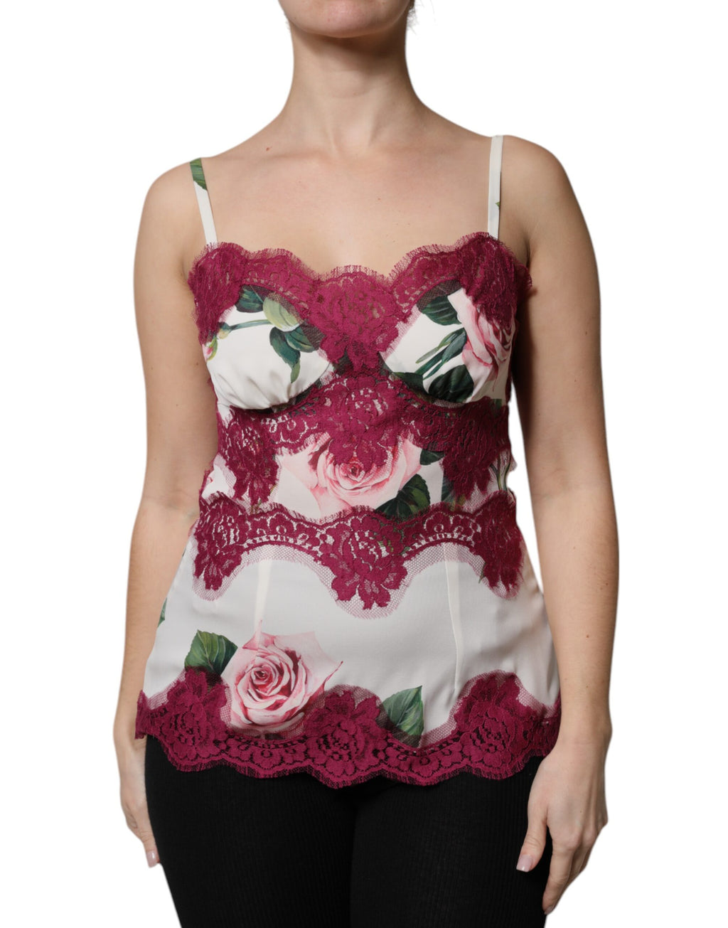 Weißes Tanktop aus Satin und Spitze mit Rosenmuster