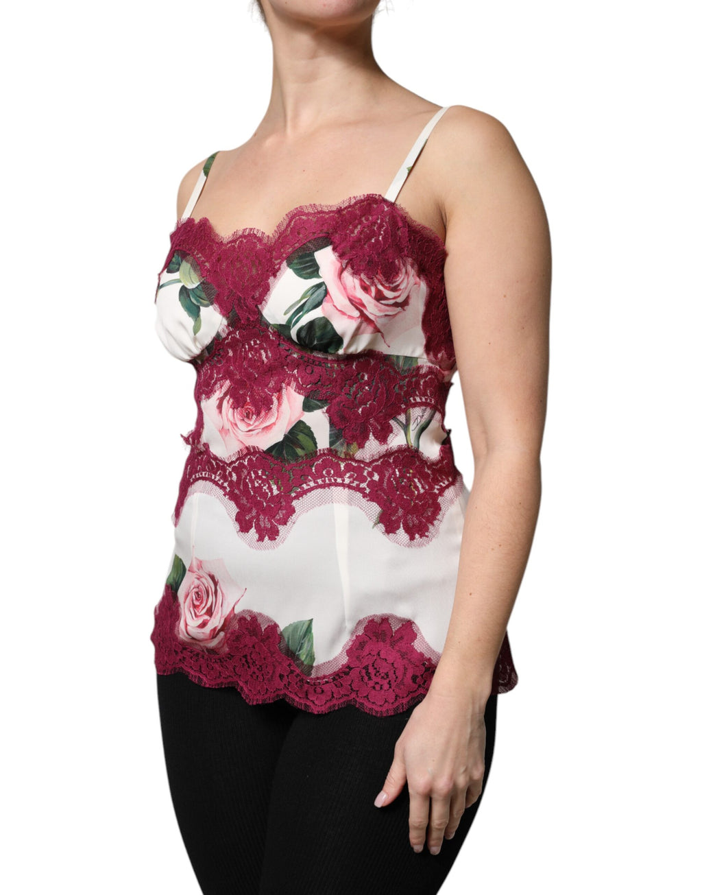 Weißes Tanktop aus Satin und Spitze mit Rosenmuster