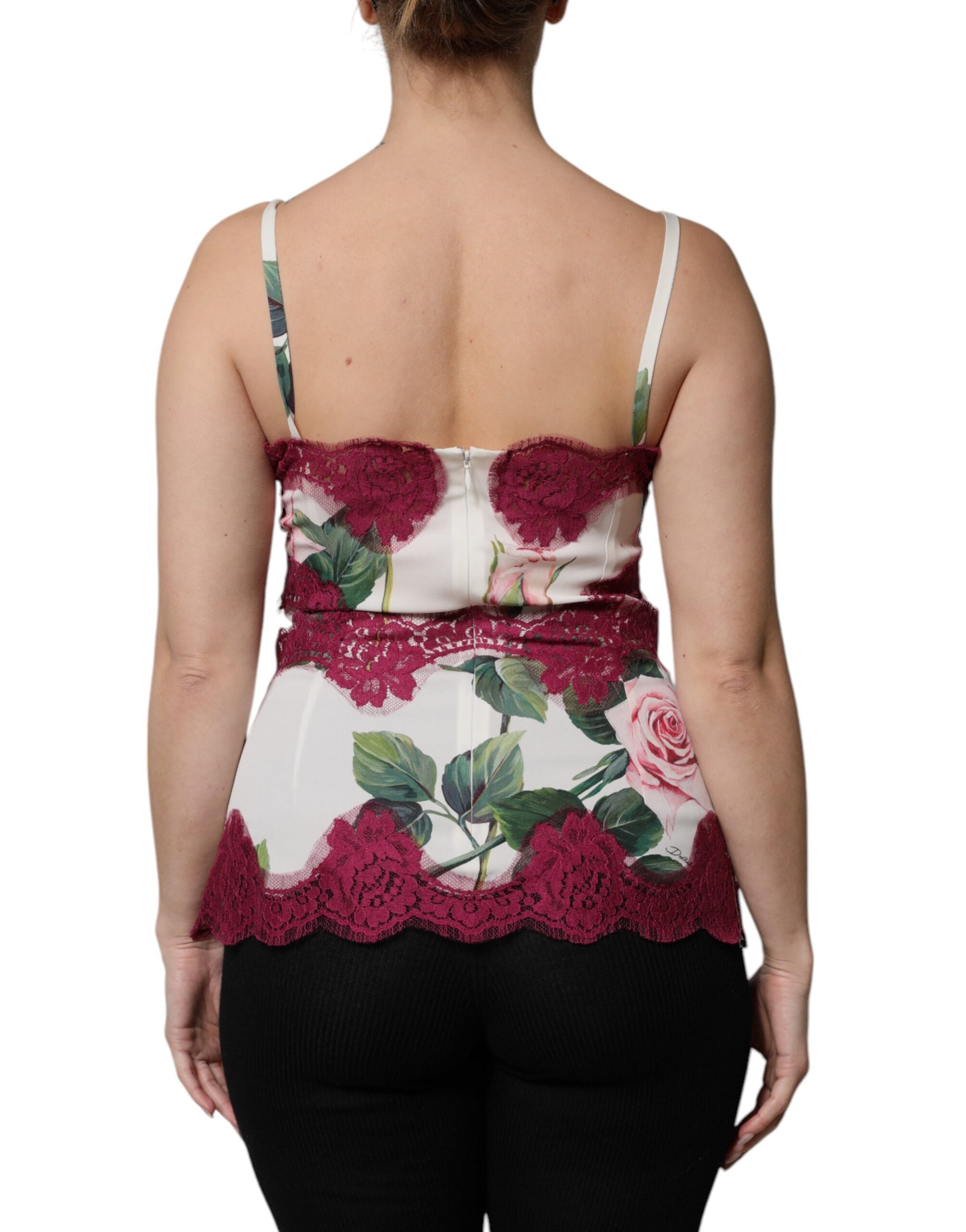 Weißes Tanktop aus Satin und Spitze mit Rosenmuster