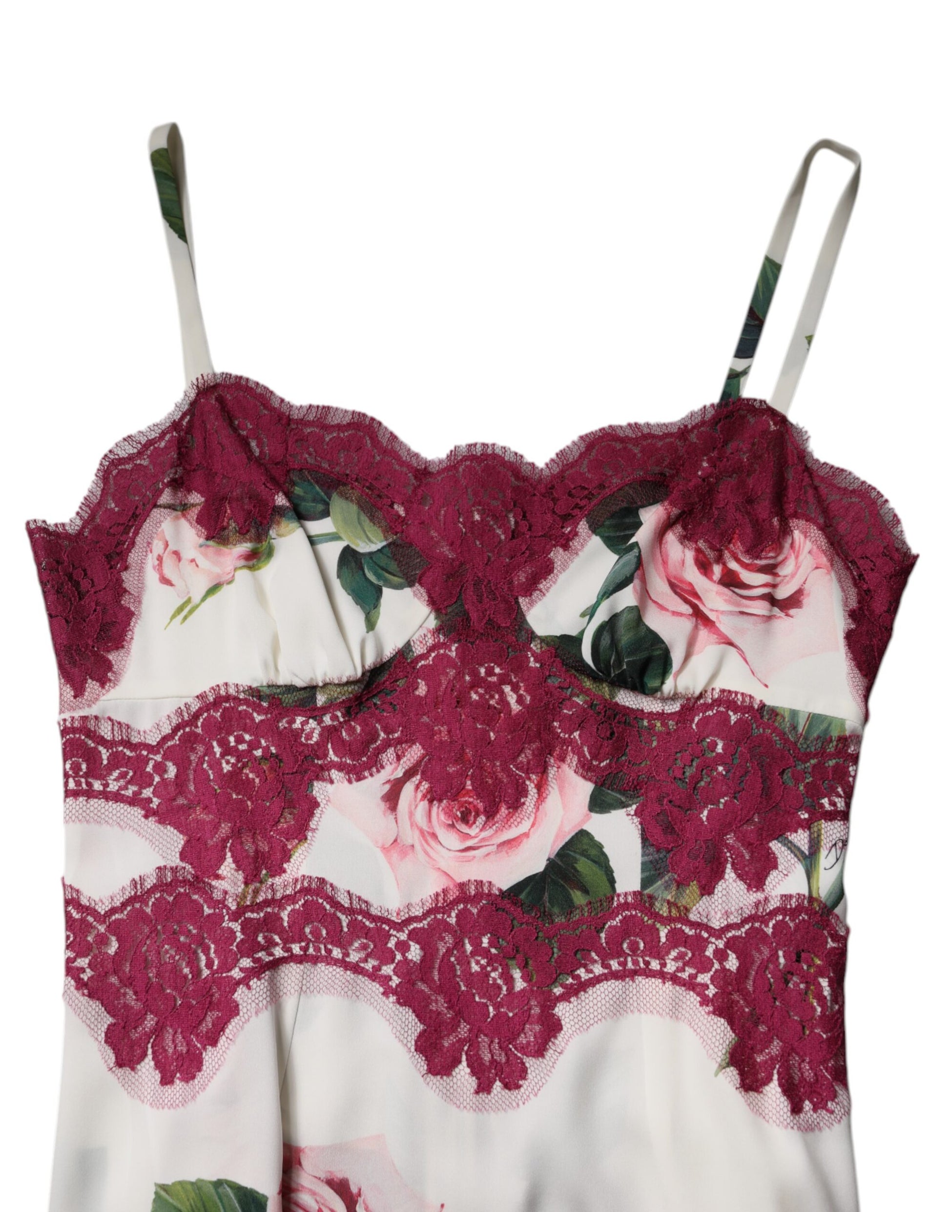 Weißes Tanktop aus Satin und Spitze mit Rosenmuster