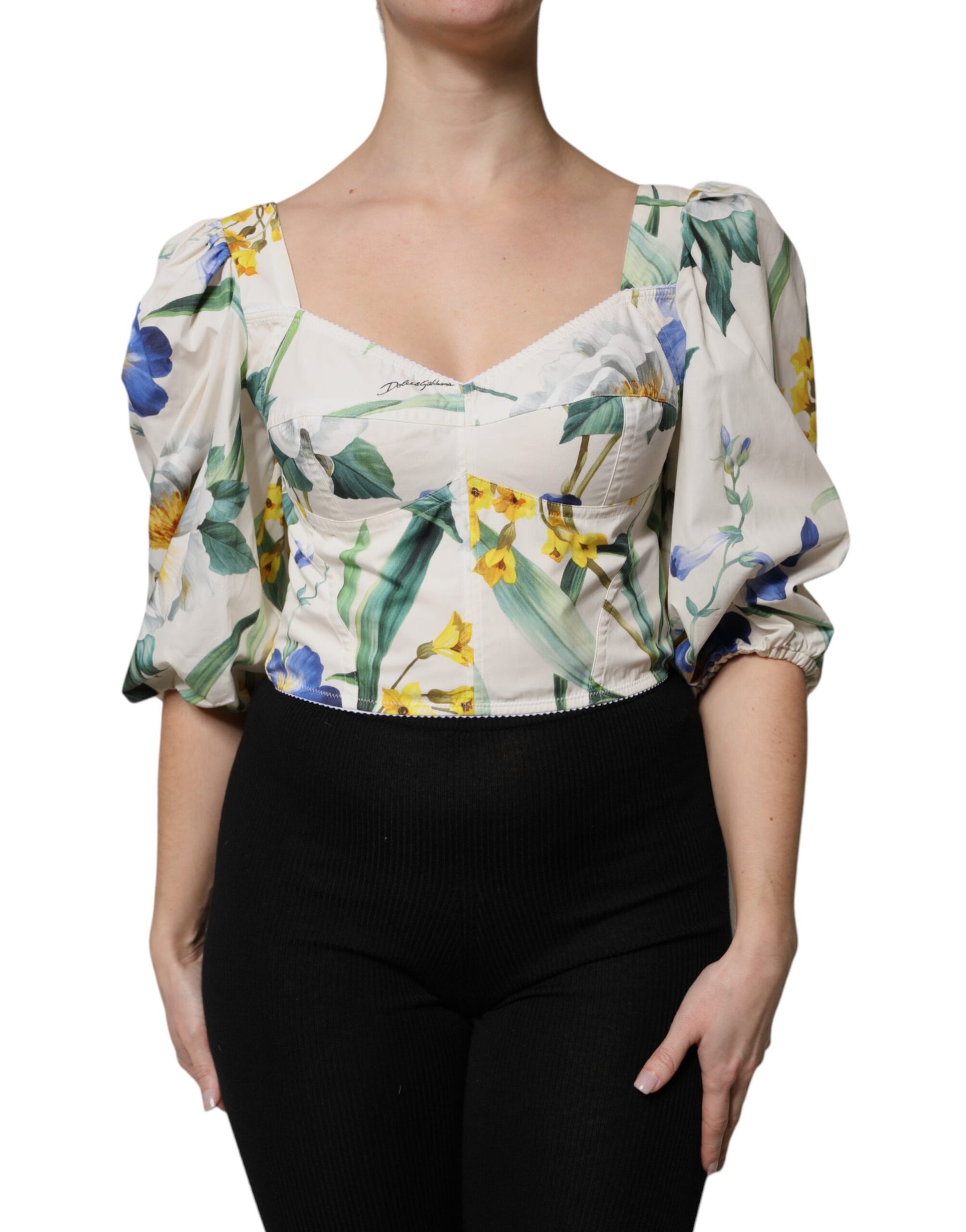 Weißes, geblümtes Crop-Bluse-Top mit Puffärmeln