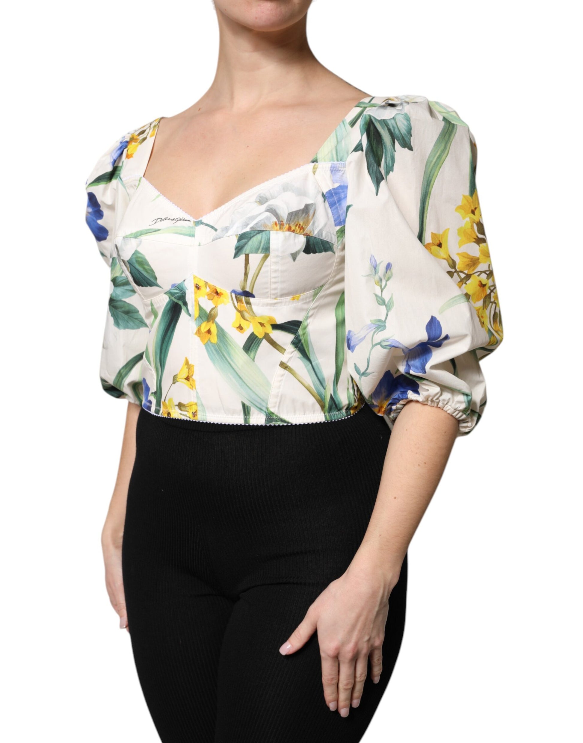 Weißes, geblümtes Crop-Bluse-Top mit Puffärmeln