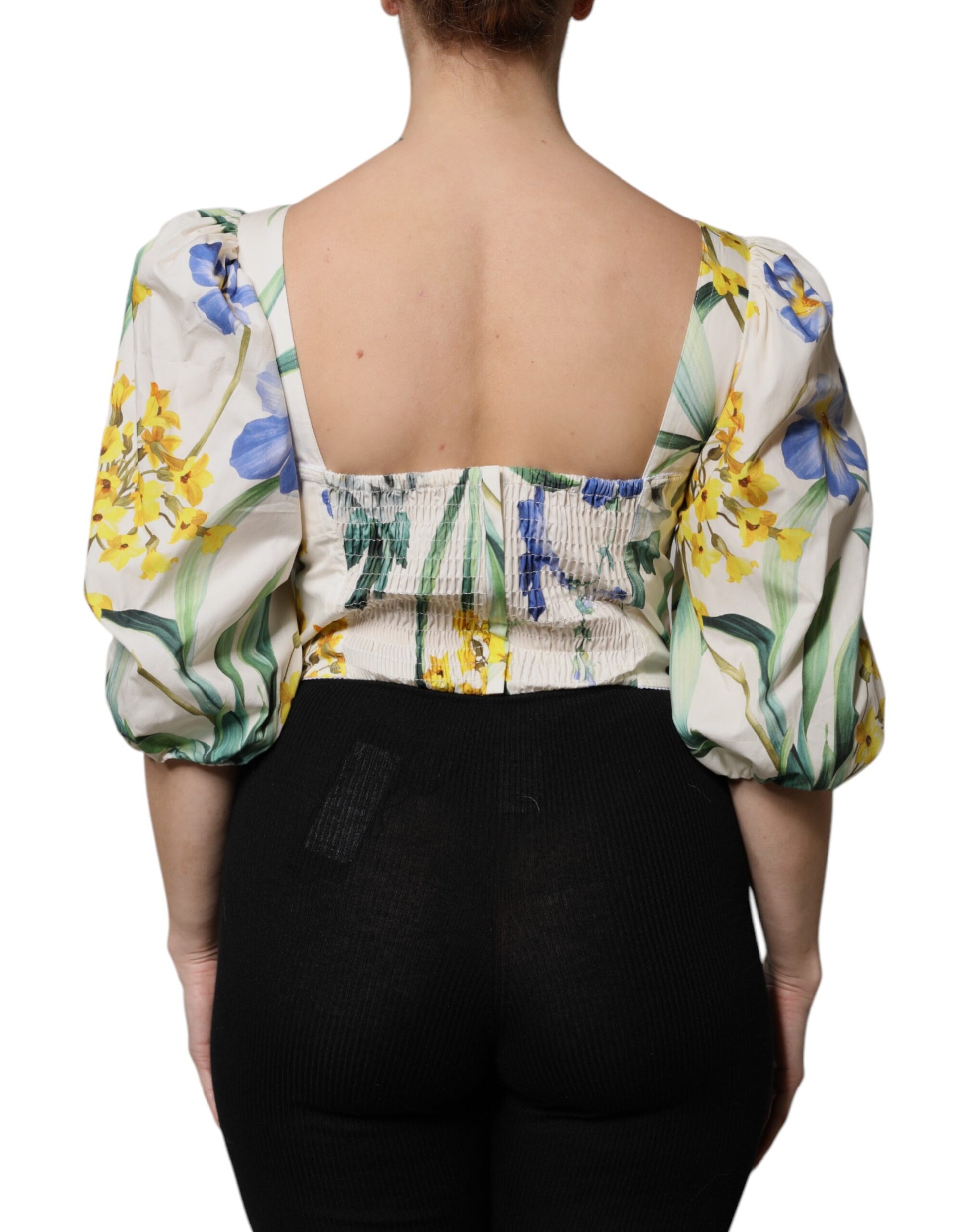 Weißes, geblümtes Crop-Bluse-Top mit Puffärmeln