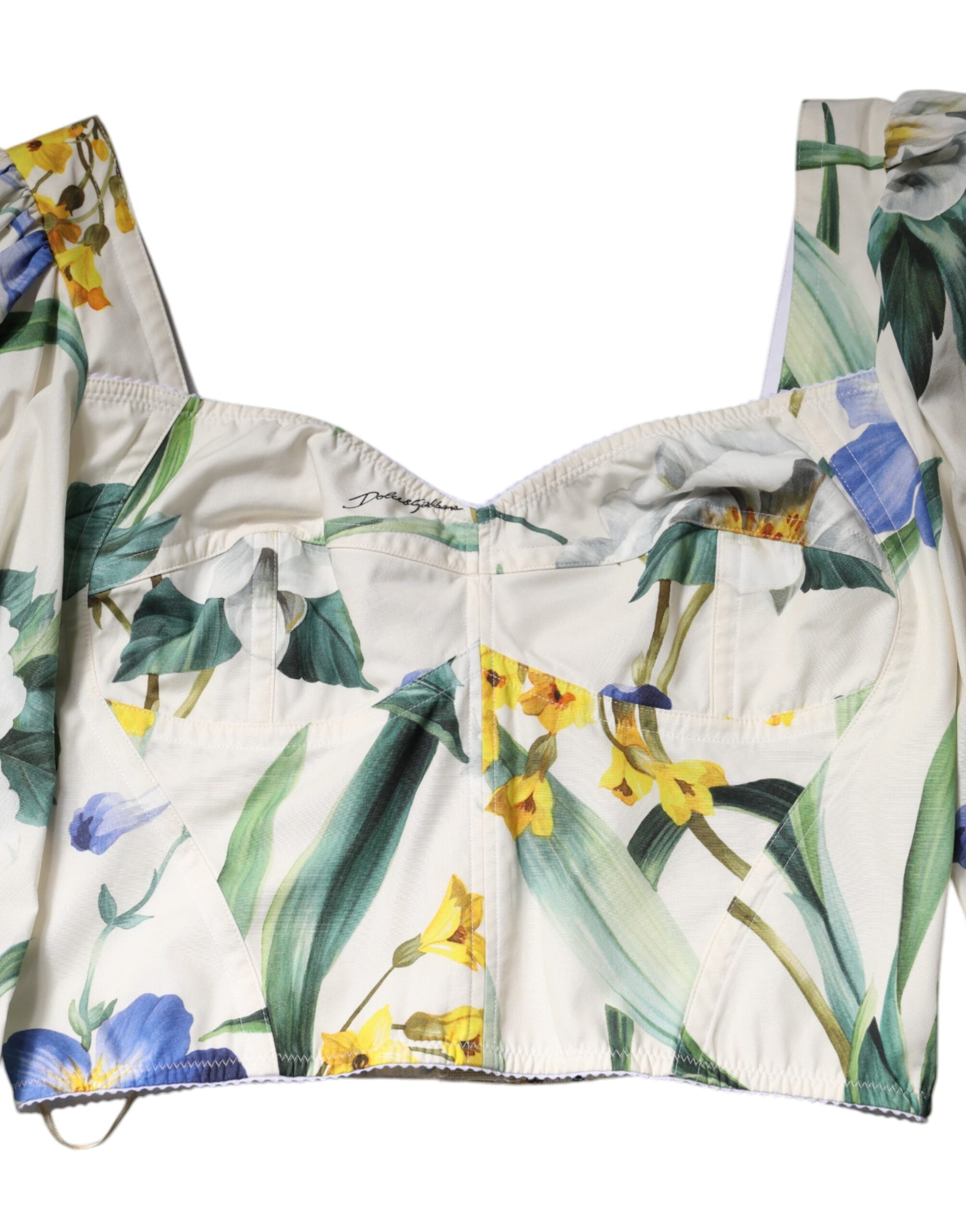Weißes, geblümtes Crop-Bluse-Top mit Puffärmeln