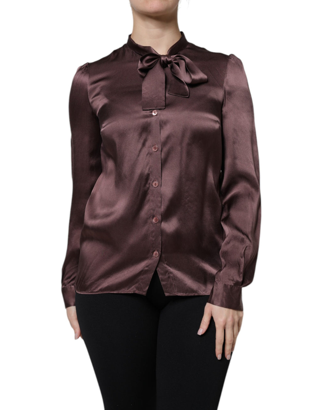 Braunes Langarm-Bluse-Top mit Ascot-Kragen