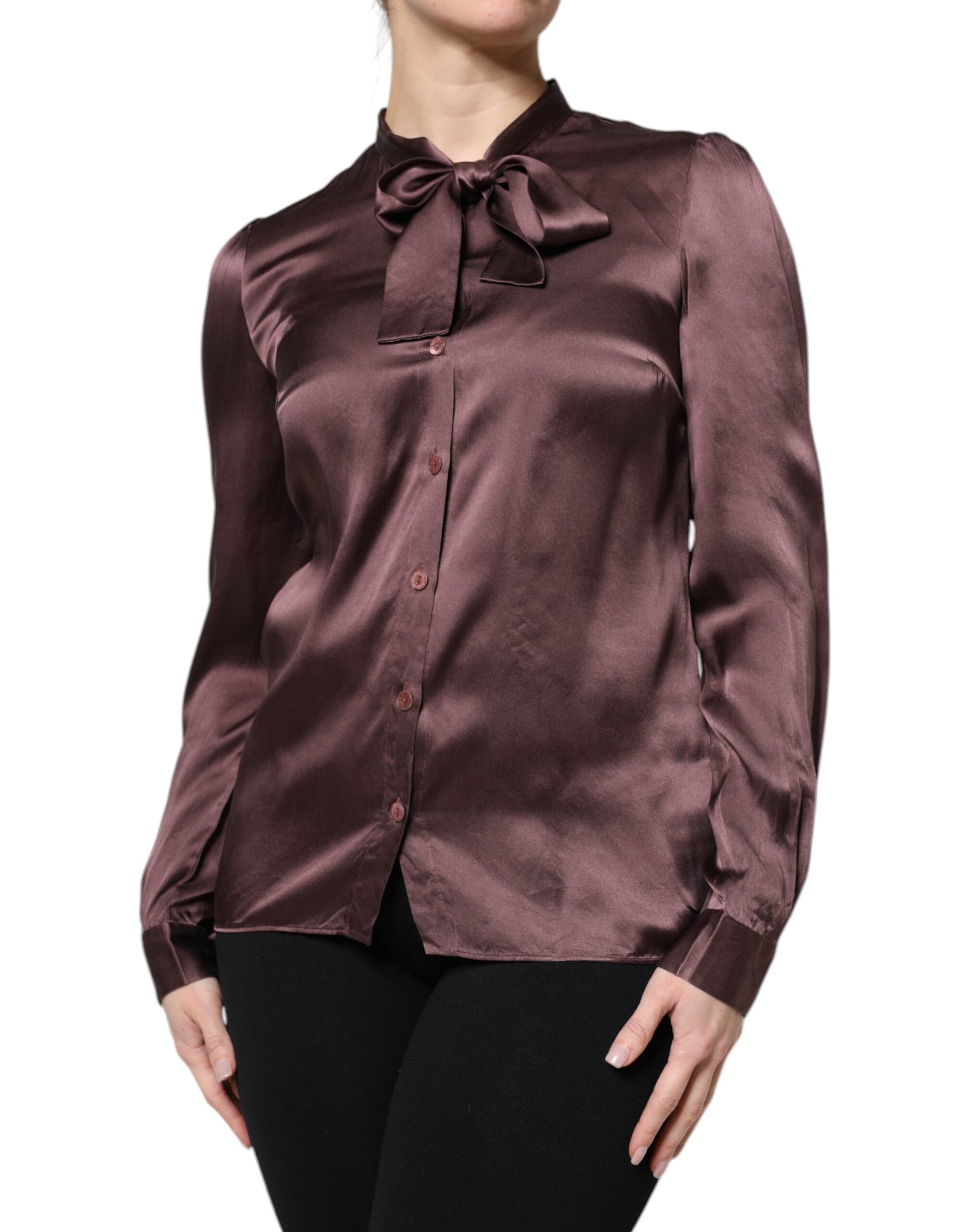 Braunes Langarm-Bluse-Top mit Ascot-Kragen