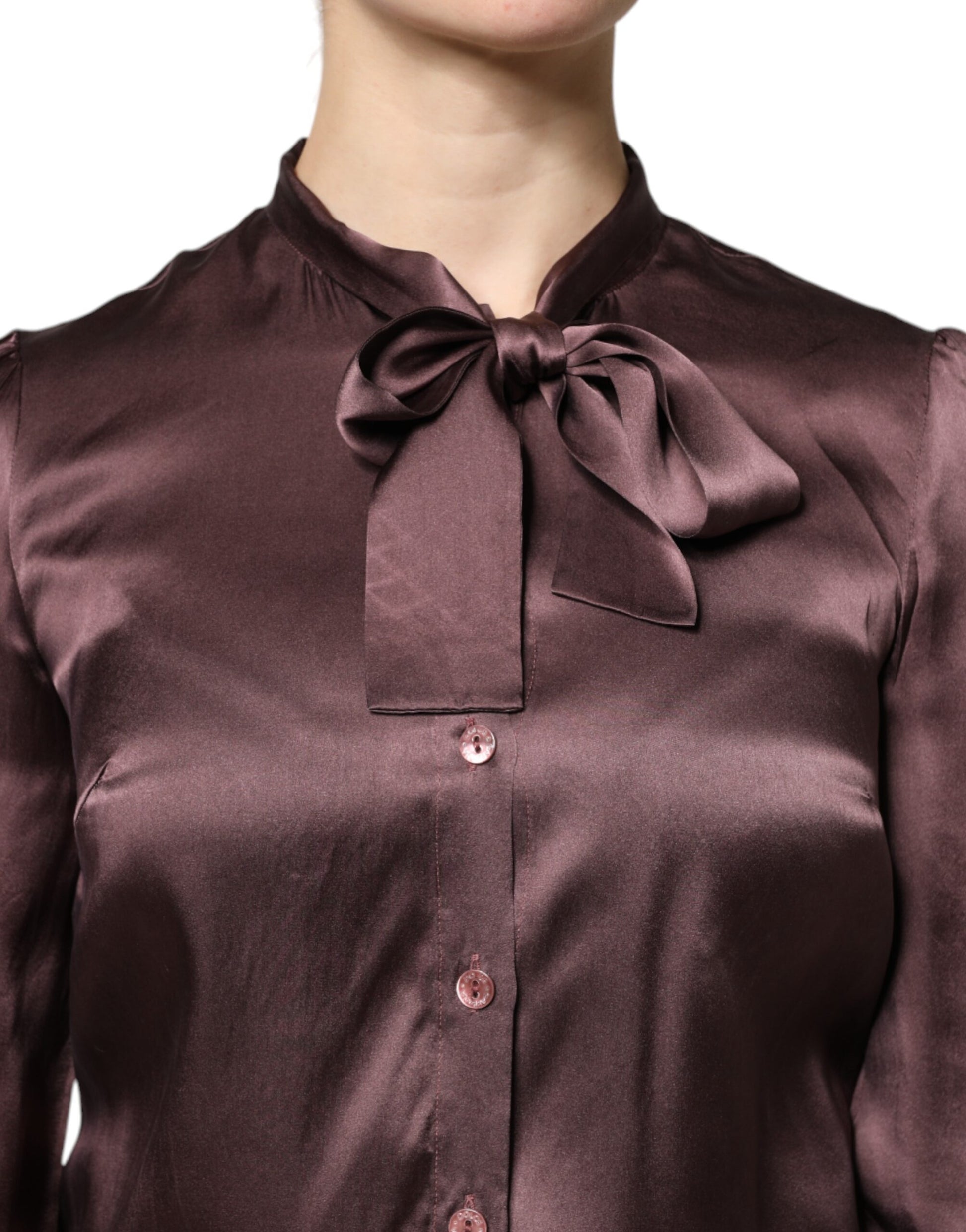 Braunes Langarm-Bluse-Top mit Ascot-Kragen