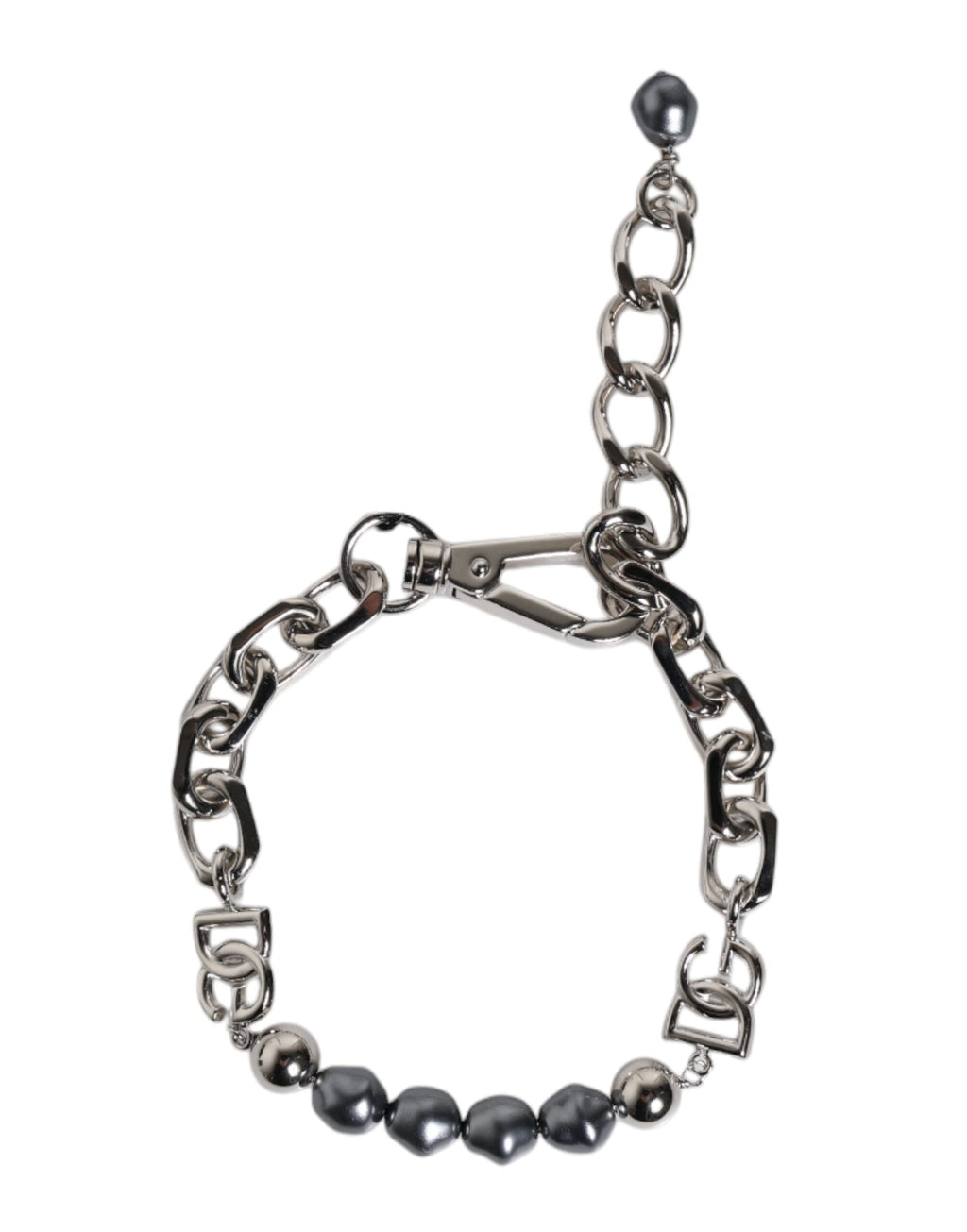 Silberfarbenes Kettenarmband mit Karabinerverschluss und grauen Perlen