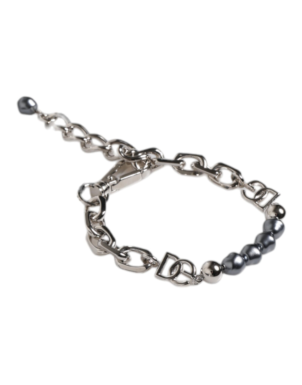 Silberfarbenes Kettenarmband mit Karabinerverschluss und grauen Perlen